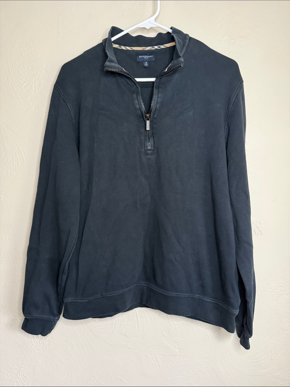 Burberry Golf Quarter Zip Pullover Sweatshirt Nova Check Trim Medium
